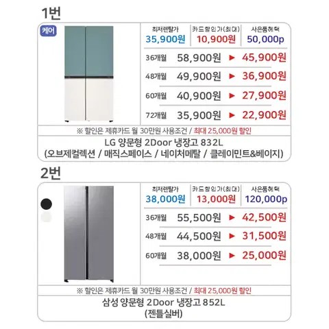 사은품증정 lg 삼성 양문형냉장고 2도어 3도어 4도어 얼음정수기 렌탈