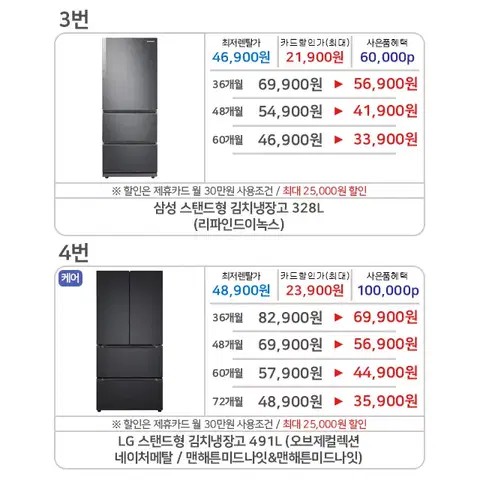 사은품지급 lg 삼성 김치냉장고 3도어 4도어 오브제컬렉션 케어 렌탈